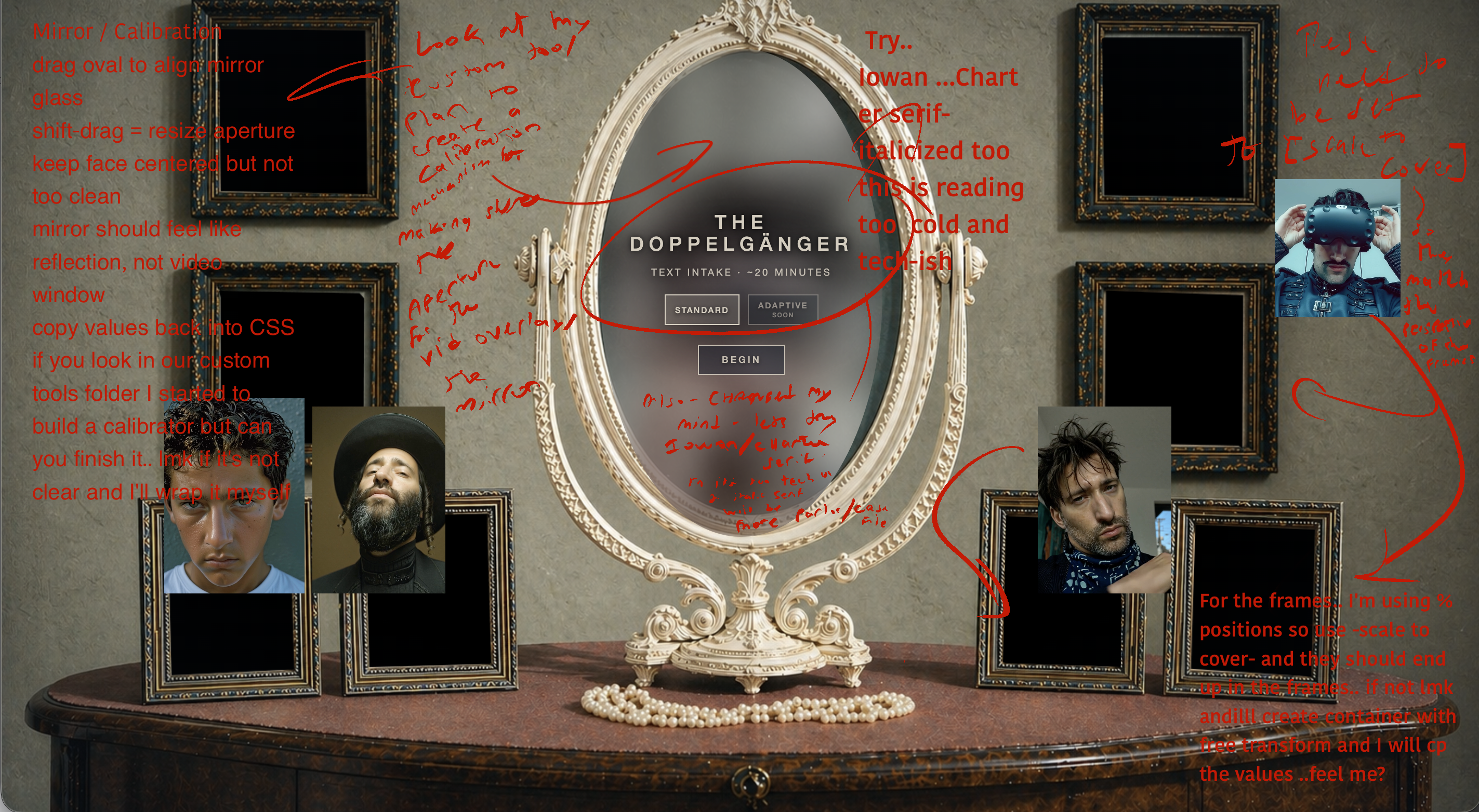 Annotated Doppelganger interface screenshot with handwritten mirror calibration notes