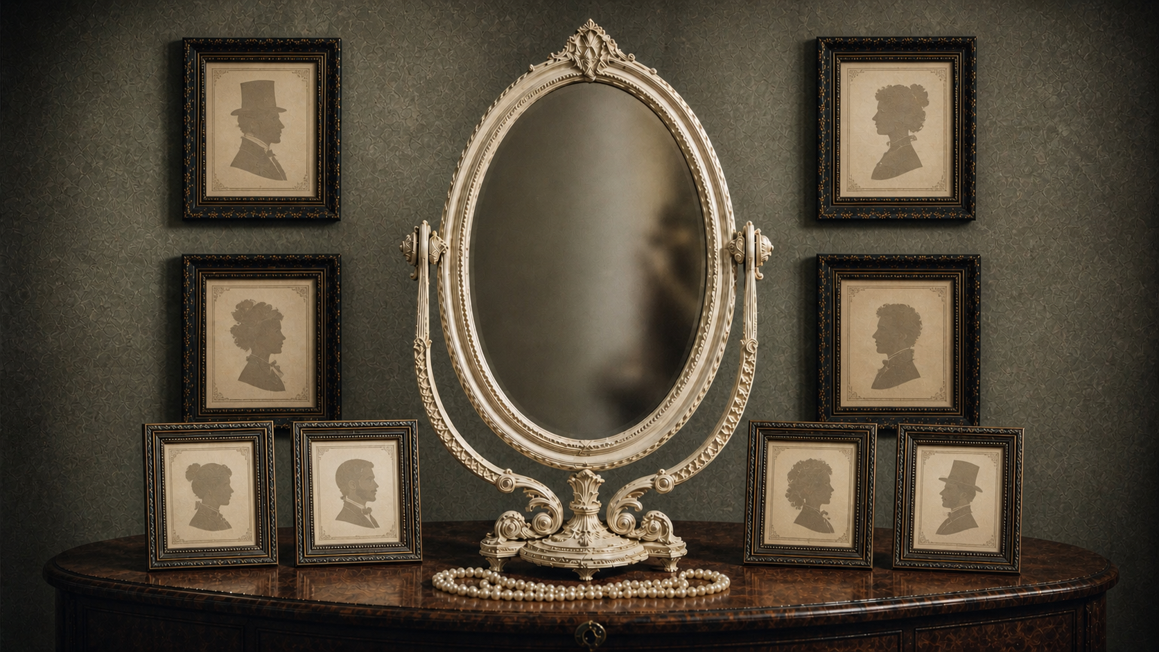 The Doppelganger opening room with varied blank framed silhouettes