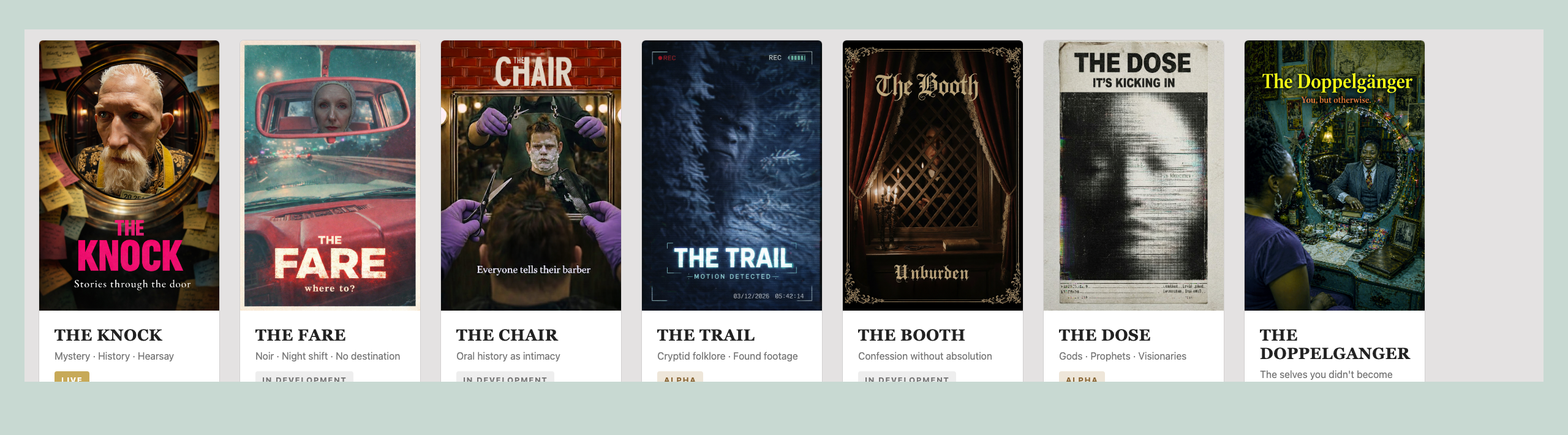 HEARSAY Experiences project grid with The Doppelganger card