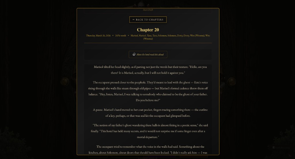 Chapter 20 detail view showing prose generated from a conversation with Marisol
