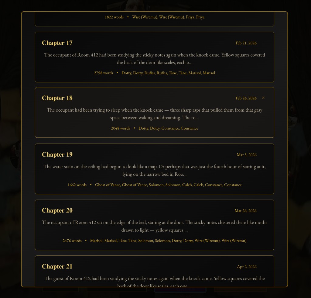 Chapter listing showing chapters 17 through 21 with dates, word counts, and character tags