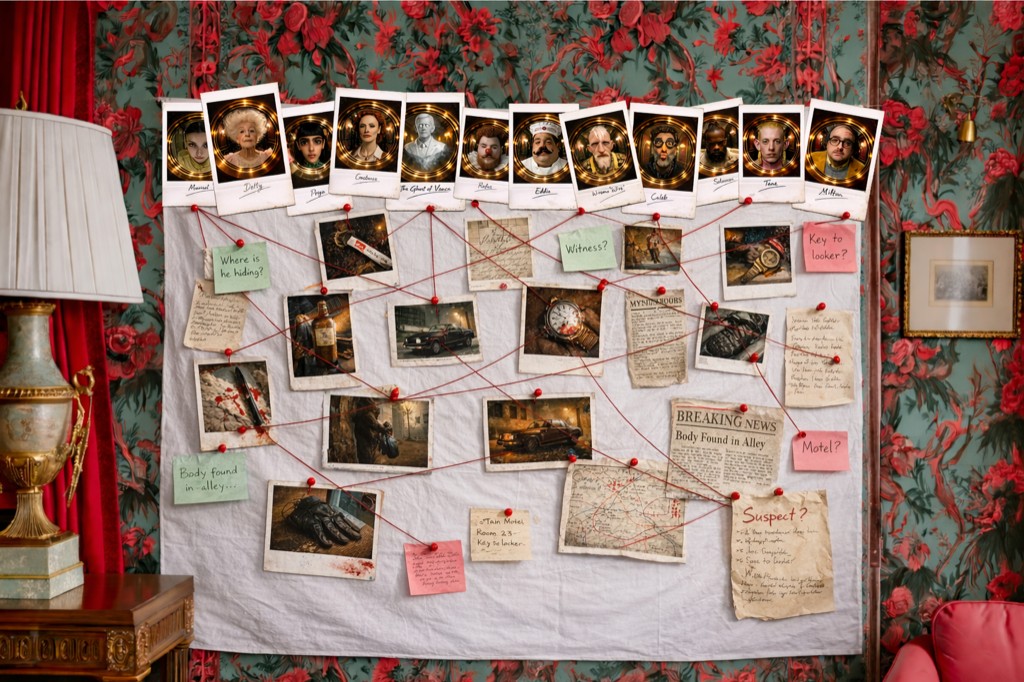 The Wall — detective corkboard after extensive use