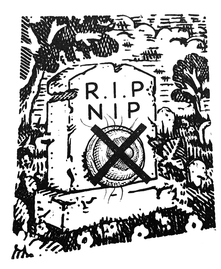 R.I.P. NIP woodcut design