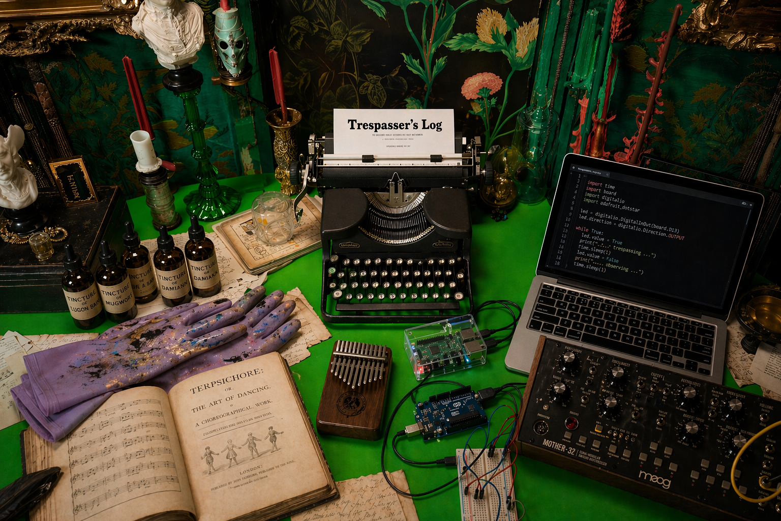 A cluttered green desk with a typewriter displaying 'Trespasser's Log', a laptop showing code, a synthesizer, kalimba, Arduino, apothecary bottles, candles, and an open dance manual with purple gloves